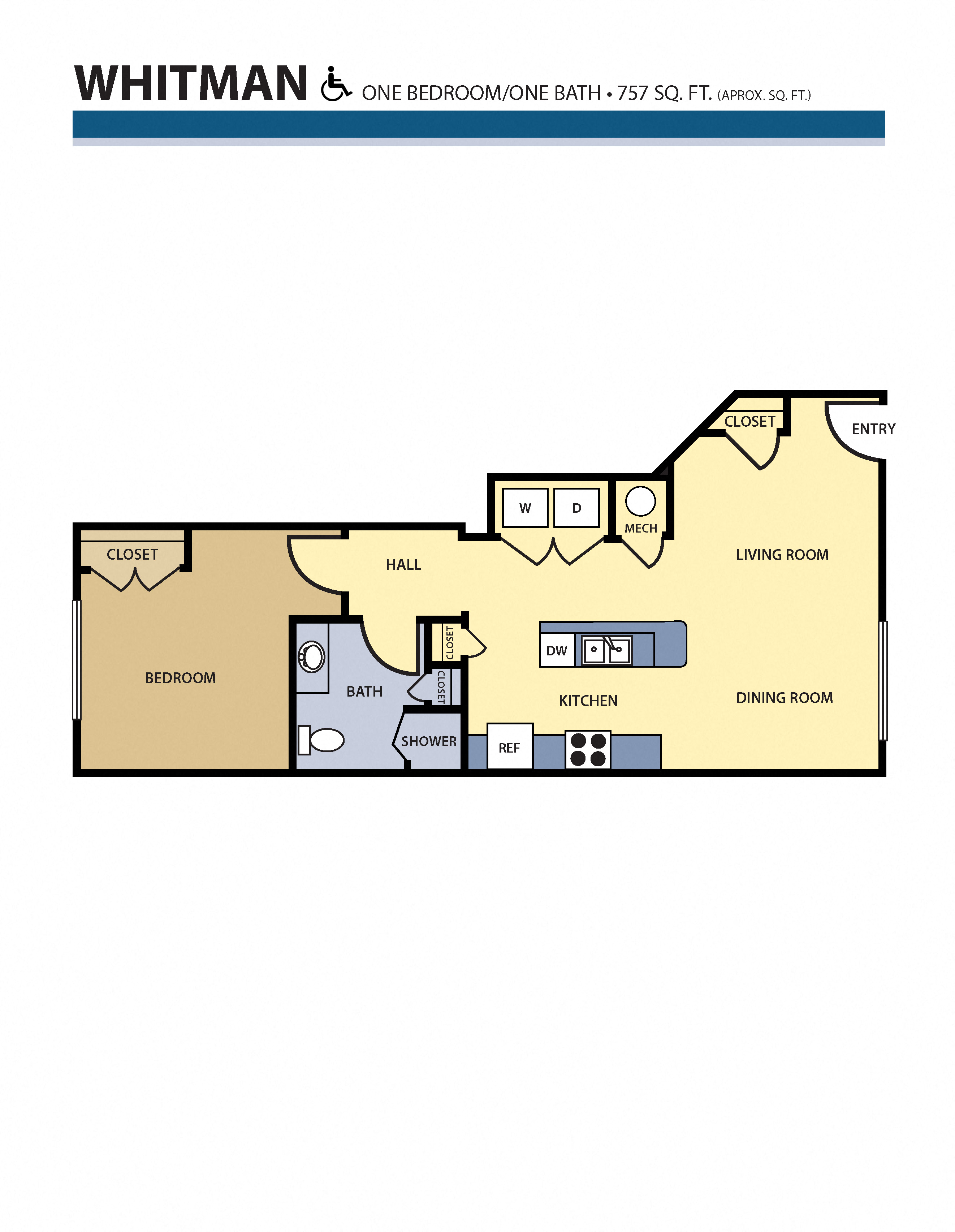 Floor plan for 1 bed, 1 bath, 757 sqft